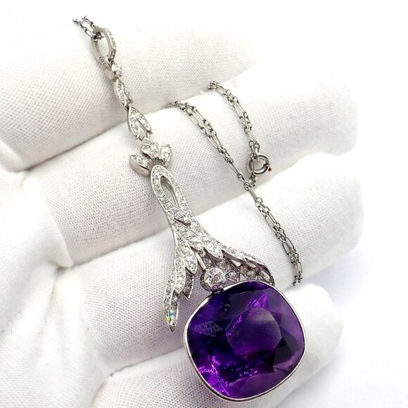 Vintage Estate Platinum Diamond Large Amethyst Art Deco Necklace - Picture 8 of 16